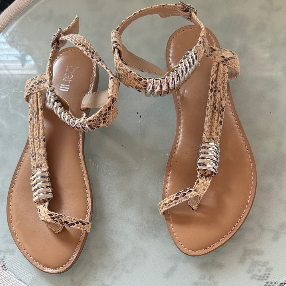 Bar III Beige Snake Print Sandals with Metallic Accents
